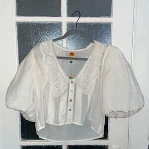 Farm Rio White Sheer White Blouse with Lace Peter Pan Collar